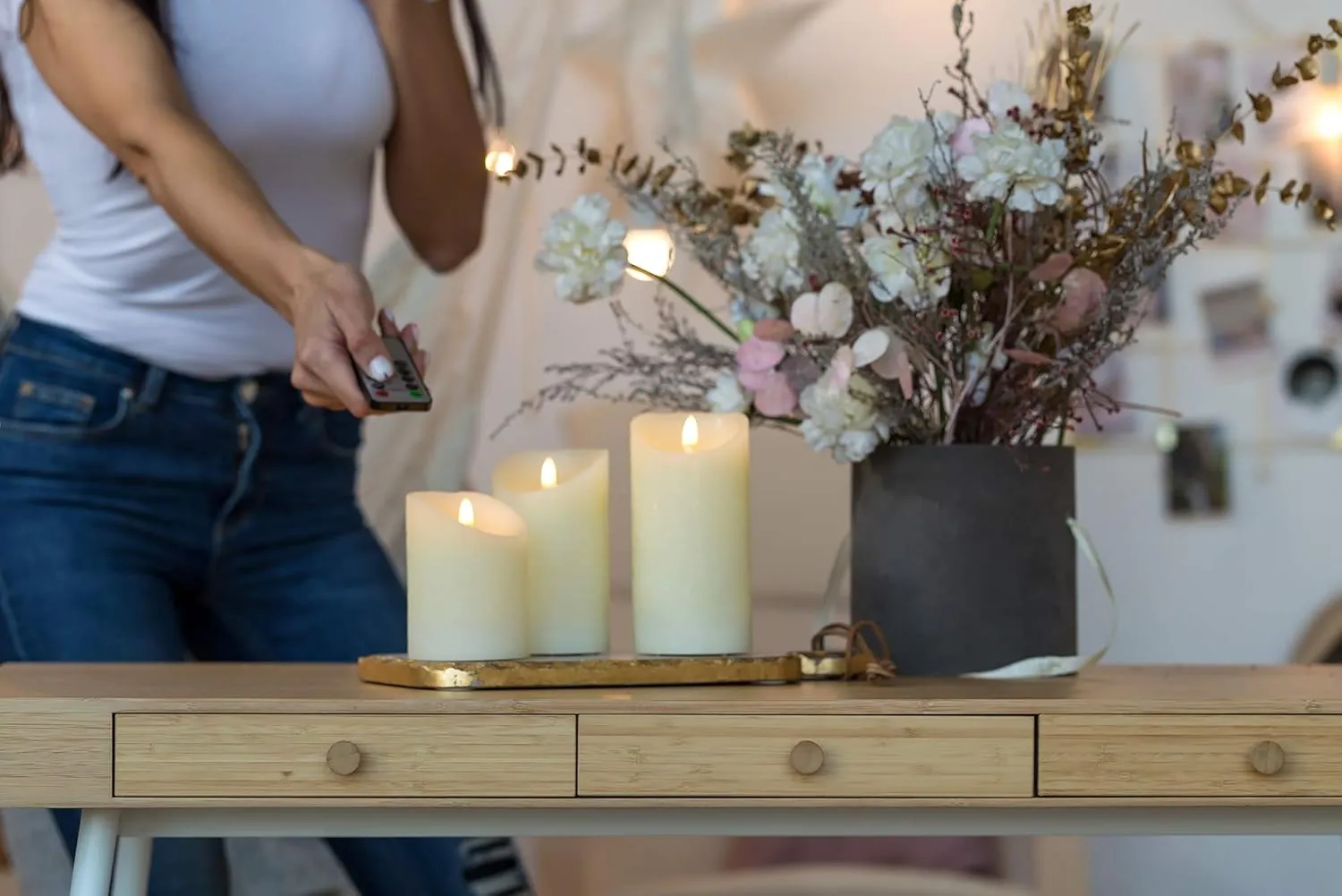 VENTA Flameless Candles Battery Operated Flickering Flameless Candles with Remote Moving Flame, Real Wax, Melted Edge. Timer and Dimmer Features, Set - 3 Pcs. (4", 5", 6") (Ivory)