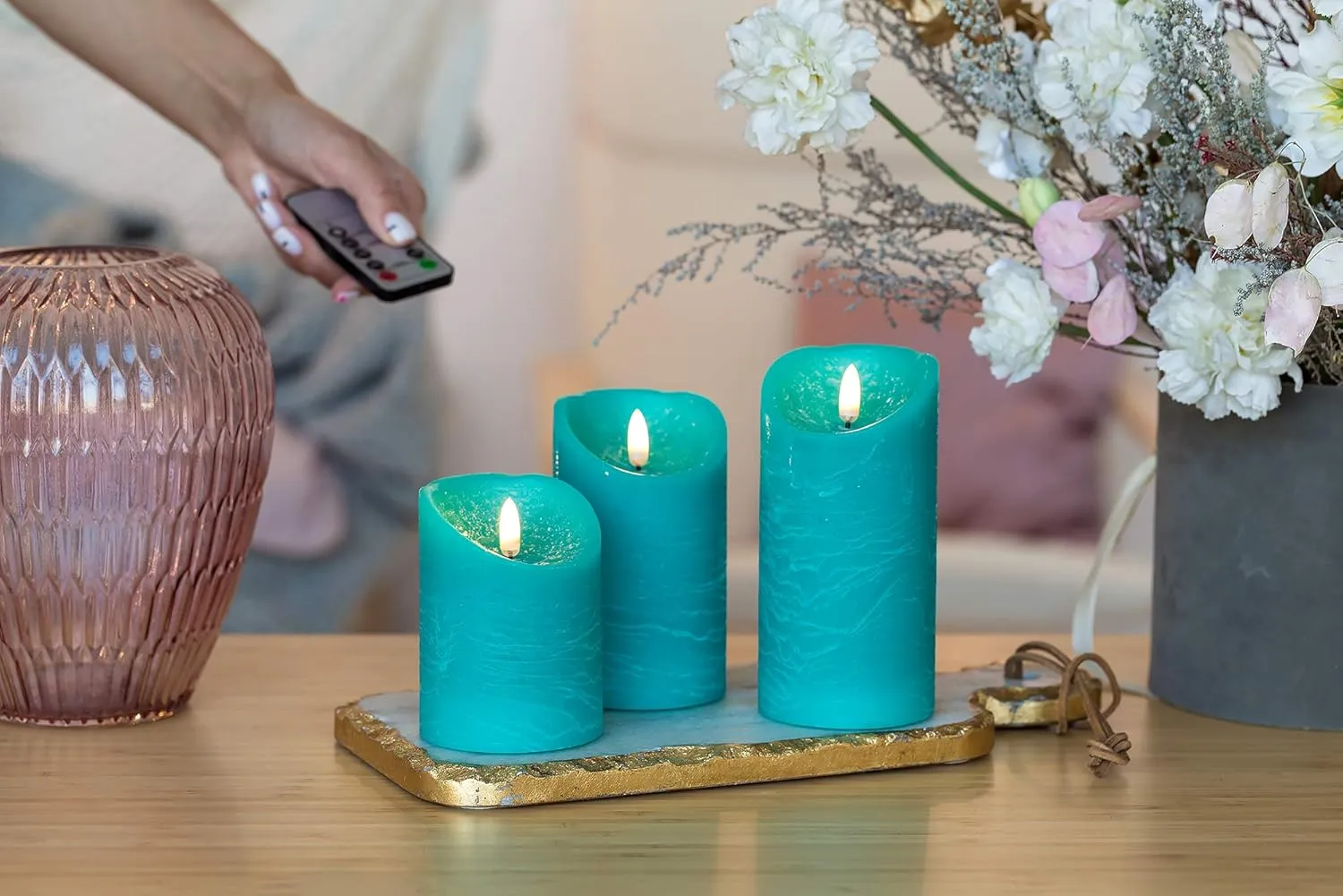 VENTA Flameless Candles Battery Operated Flickering Flameless Candles with Remote Moving Flame, Real Wax, Melted Edge. Timer and Dimmer Features, Set - 3 Pcs. (4", 5", 6") (Turquoise)