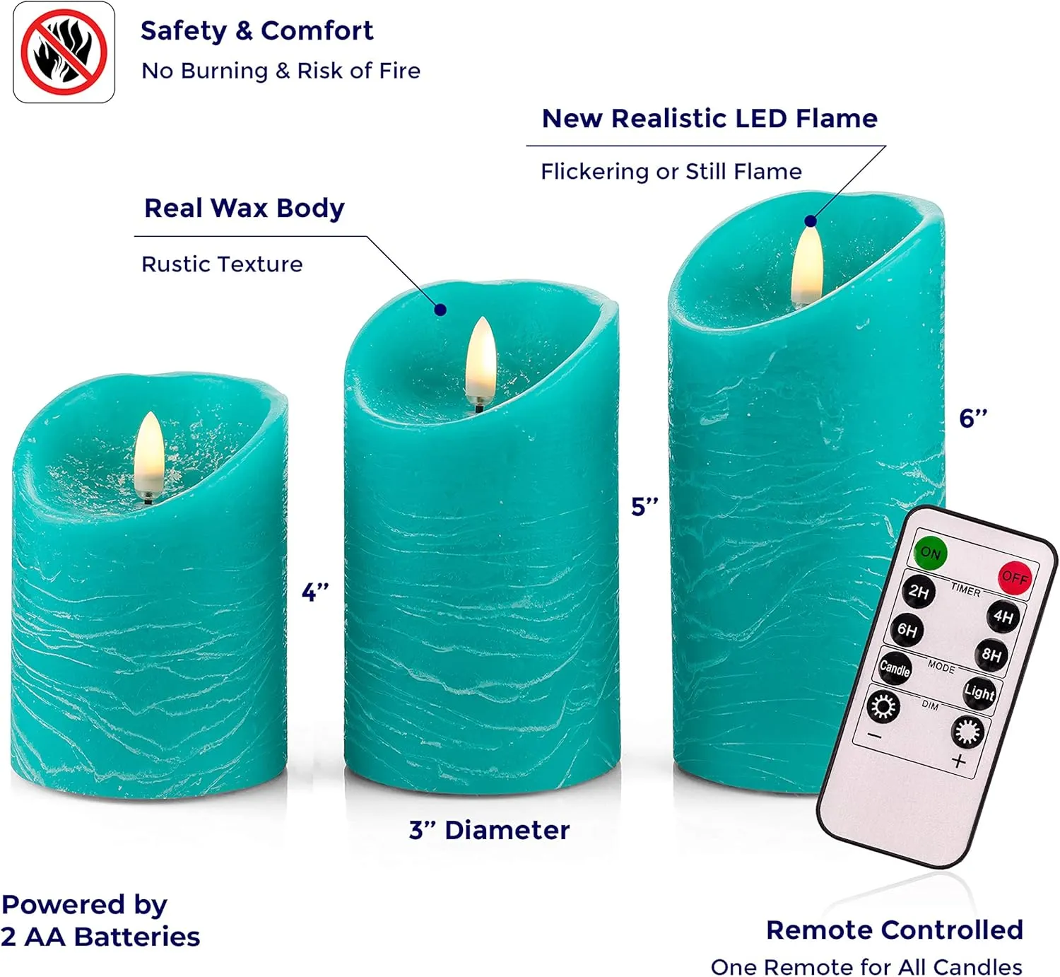 VENTA Flameless Candles Battery Operated Flickering Flameless Candles with Remote Moving Flame, Real Wax, Melted Edge. Timer and Dimmer Features, Set - 3 Pcs. (4", 5", 6") (Turquoise)