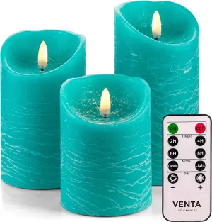 VENTA Flameless Candles Battery Operated Flickering Flameless Candles with Remote Moving Flame, Real Wax, Melted Edge. Timer and Dimmer Features, Set - 3 Pcs. (4", 5", 6") (Turquoise)