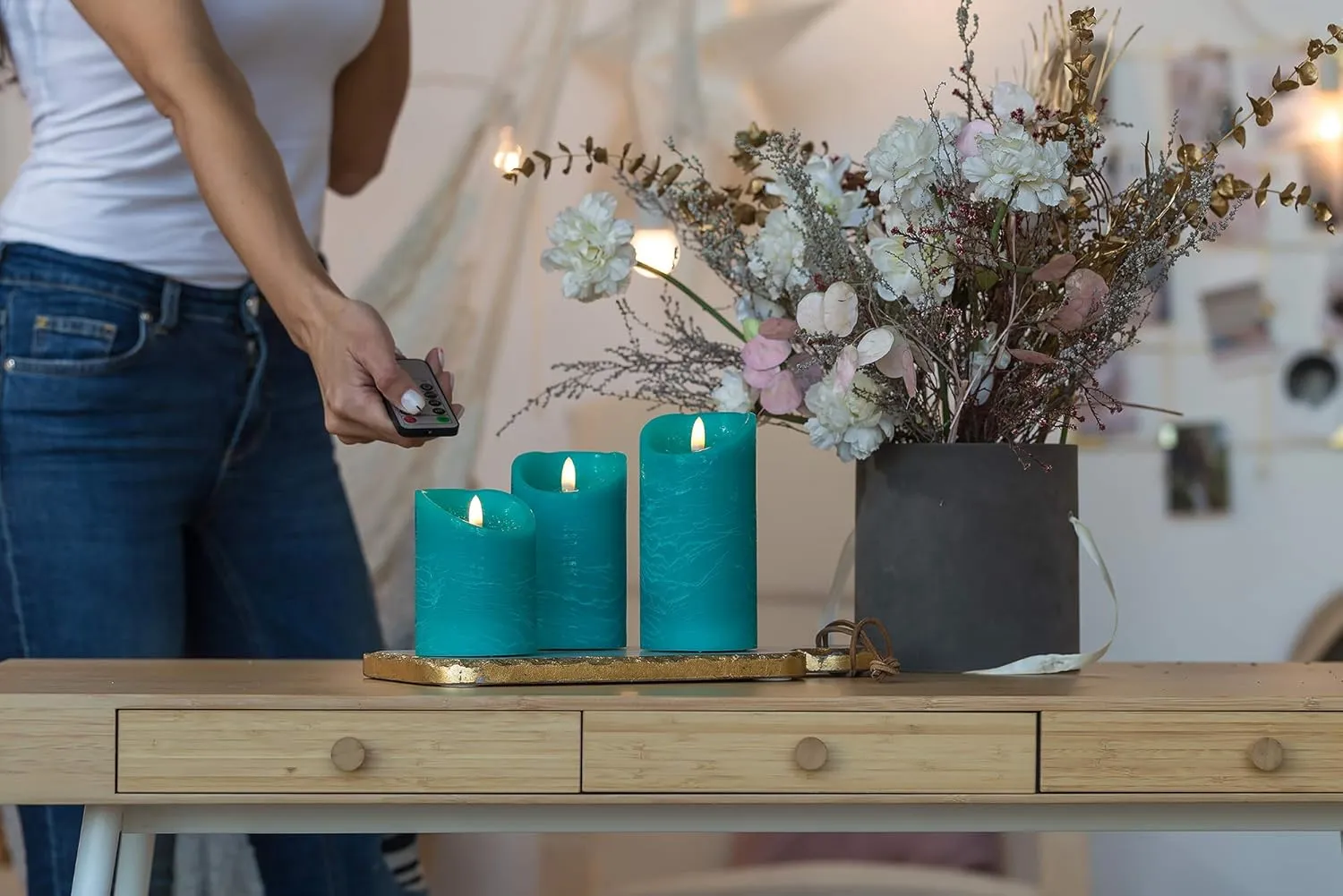 VENTA Flameless Candles Battery Operated Flickering Flameless Candles with Remote Moving Flame, Real Wax, Melted Edge. Timer and Dimmer Features, Set - 3 Pcs. (4", 5", 6") (Turquoise)