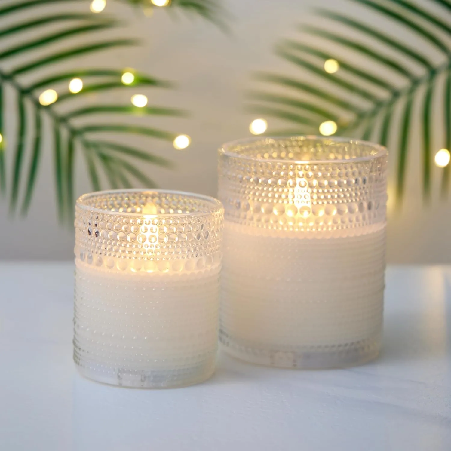 VENTA Flickering Flameless Candles with Remote Control - Led Candles Battery Operated - Battery Operated Candle for Decoration Table, Timer & Dimmer Features, Set - 2Pcs (4",5") (White Dotted Glass)