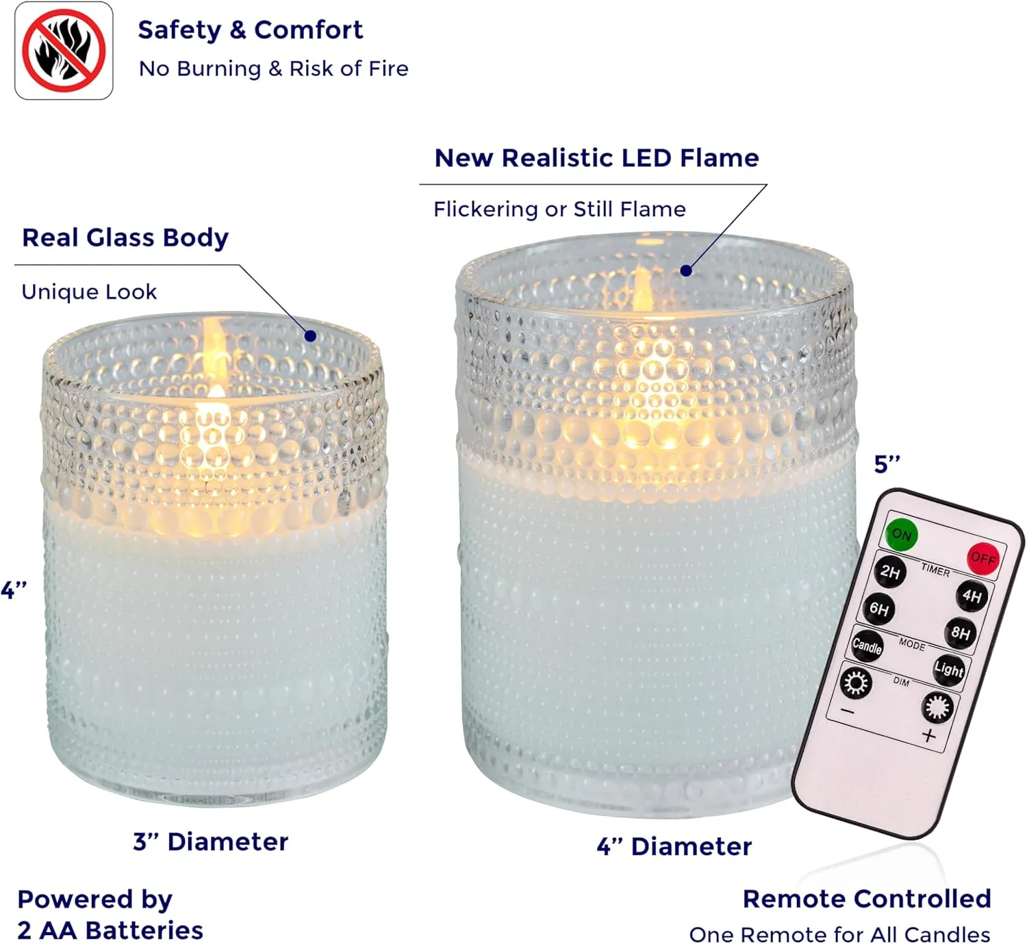VENTA Flickering Flameless Candles with Remote Control - Led Candles Battery Operated - Battery Operated Candle for Decoration Table, Timer & Dimmer Features, Set - 2Pcs (4",5") (White Dotted Glass)