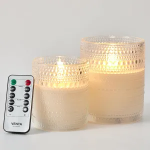 VENTA Flickering Flameless Candles with Remote Control - Led Candles Battery Operated - Battery Operated Candle for Decoration Table, Timer & Dimmer Features, Set - 2Pcs (4",5") (White Dotted Glass)