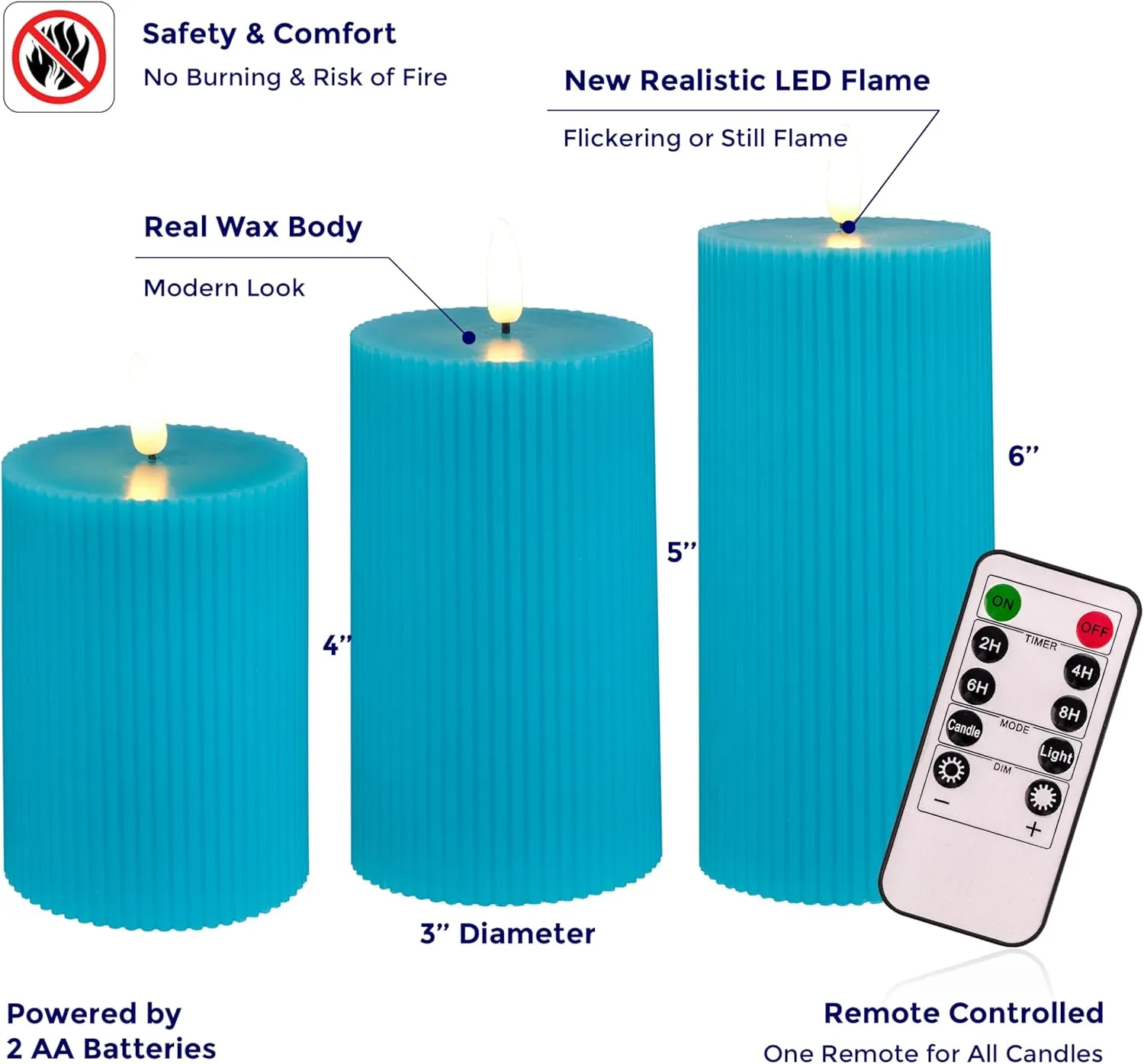 VENTA Flickering Flameless Candles with Remote Control - Led Candles Battery Operated - Battery Operated Candle for Decoration Table, Timer & Dimmer Features, Set - 3Pcs (4",5",6") (Turquoise)