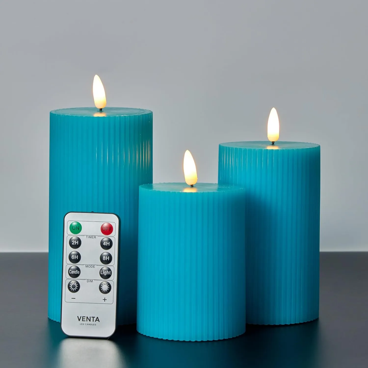 VENTA Flickering Flameless Candles with Remote Control - Led Candles Battery Operated - Battery Operated Candle for Decoration Table, Timer & Dimmer Features, Set - 3Pcs (4",5",6") (Turquoise)