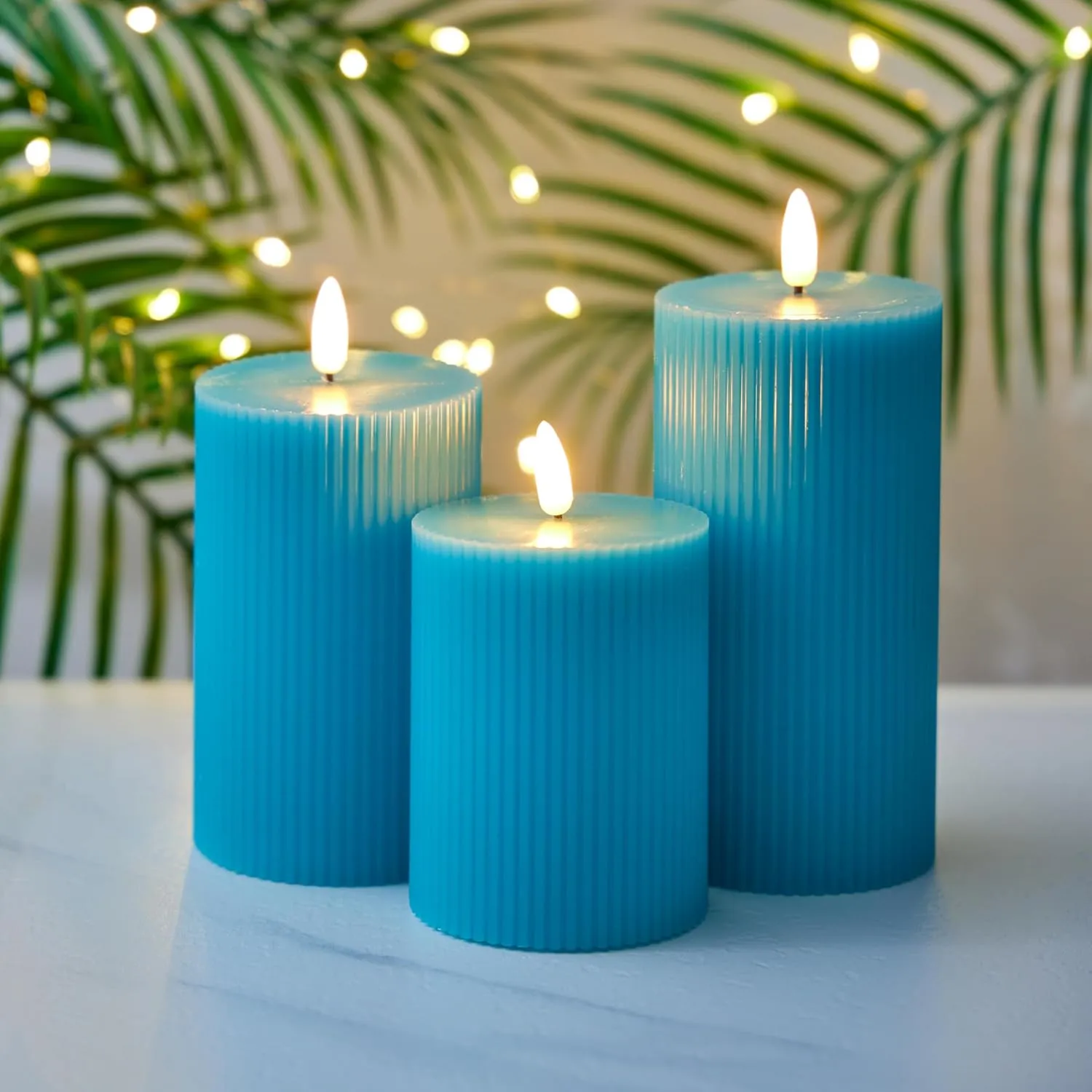 VENTA Flickering Flameless Candles with Remote Control - Led Candles Battery Operated - Battery Operated Candle for Decoration Table, Timer & Dimmer Features, Set - 3Pcs (4",5",6") (Turquoise)