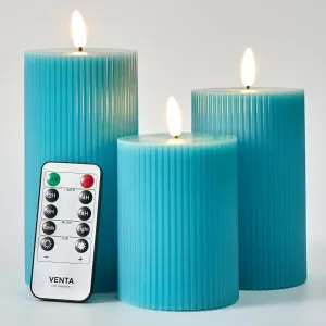VENTA Flickering Flameless Candles with Remote Control - Led Candles Battery Operated - Battery Operated Candle for Decoration Table, Timer & Dimmer Features, Set - 3Pcs (4",5",6") (Turquoise)