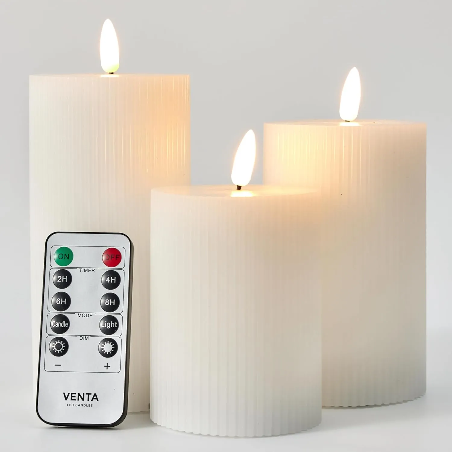 VENTA Flickering Flameless Candles with Remote Control - Led Candles Battery Operated - Battery Operated Candle for Decoration Table, Timer & Dimmer Features, Set - 3Pcs (4",5",6") (White)
