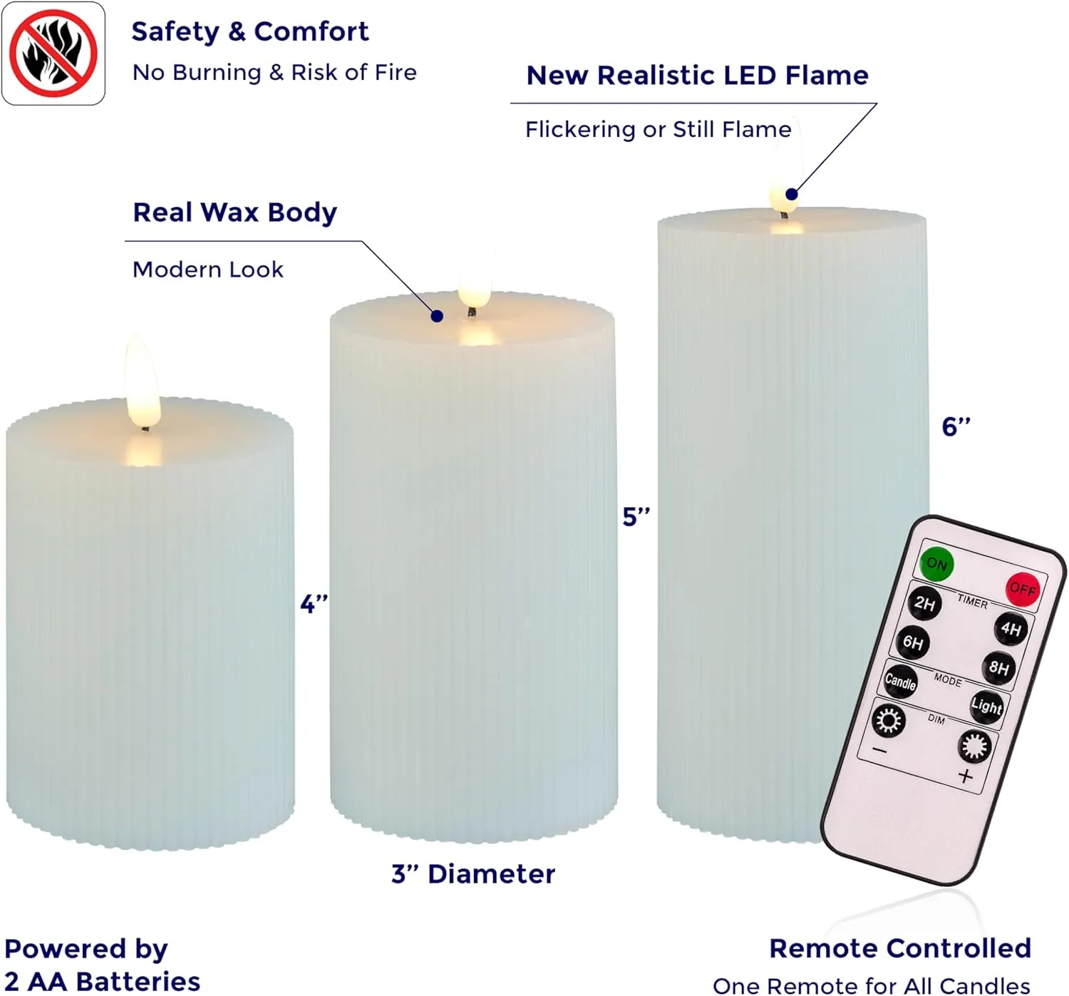 VENTA Flickering Flameless Candles with Remote Control - Led Candles Battery Operated - Battery Operated Candle for Decoration Table, Timer & Dimmer Features, Set - 3Pcs (4",5",6") (White)