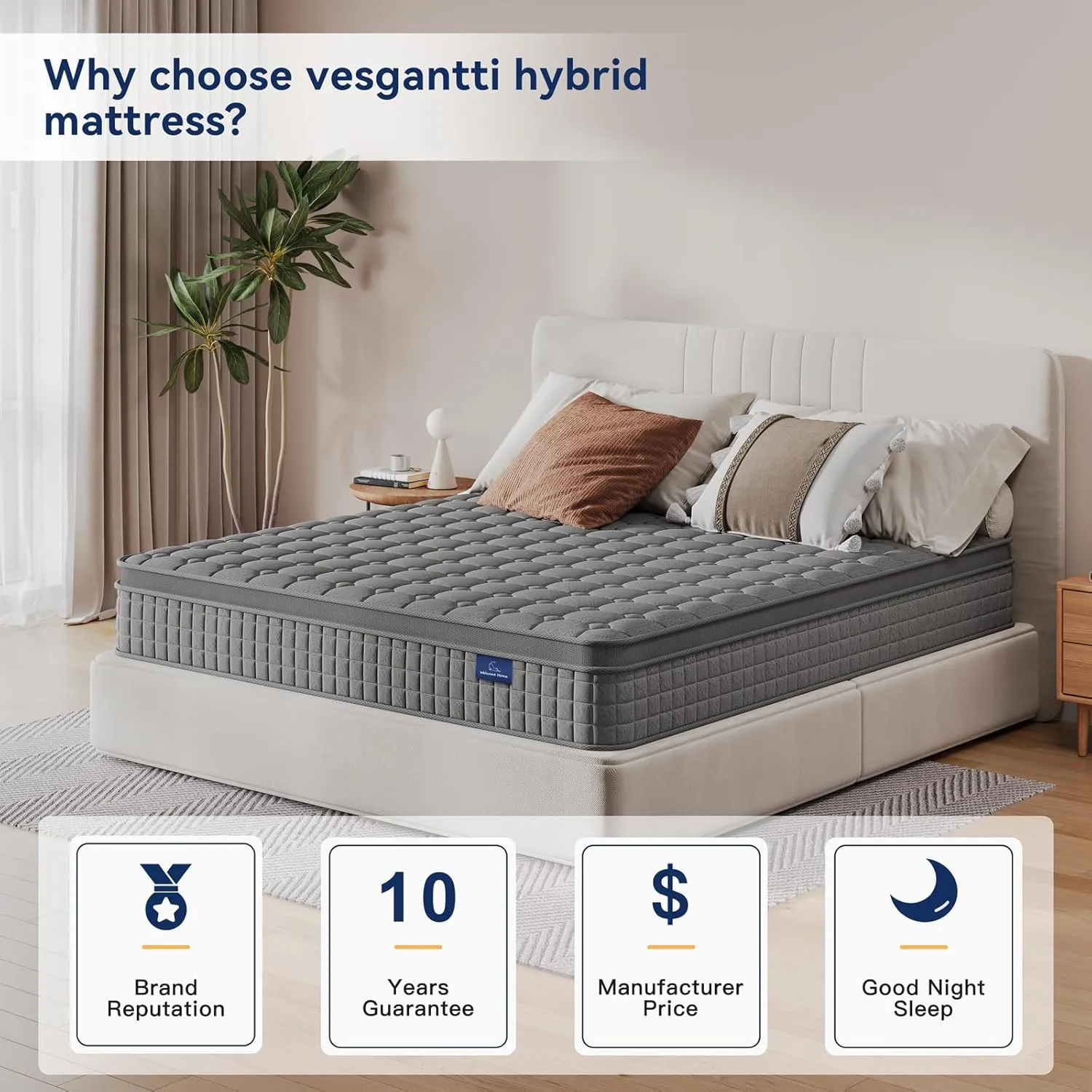 Vesgantti 12 Inch Multilayer Hybrid Queen Mattress - Multiple Sizes & Styles Available, Ergonomic Design with Memory Foam and Pocket Spring, Medium Firm Feel, Grey