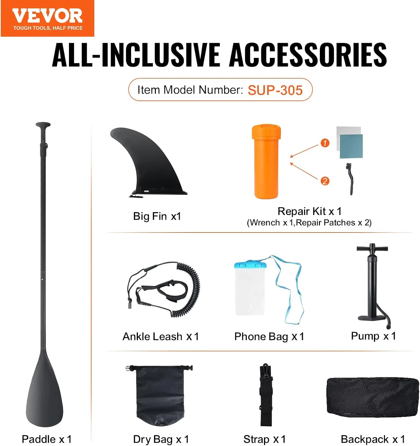 VEVOR Inflatable Stand Up Paddle Board, with Board Accessories, Pump, Paddle, Fin, Phone Bag, Backpack, Ankle Leash, Repair Kit, Non-Slip Deck for Youth & Adults