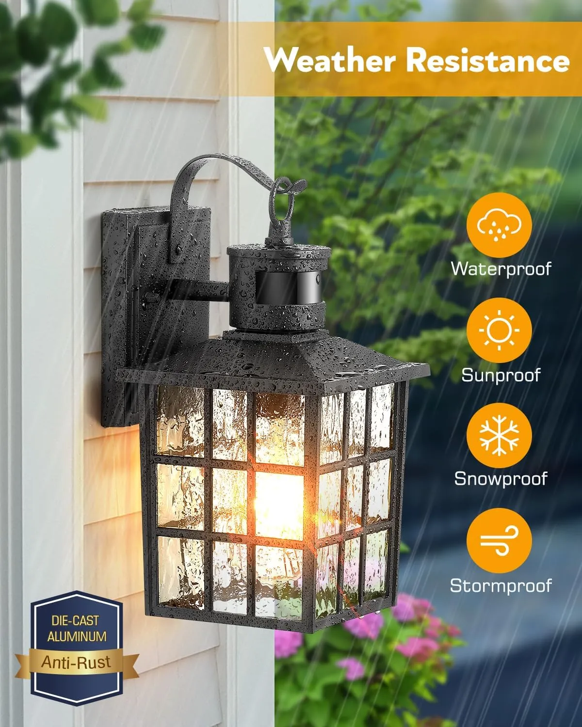 VIANIS Outdoor Wall Lights for House, 2 Pack Black Motion Sensor Porch Lanterns Wall Sconce, Modern Exterior Garage Light Fixtures Wall Mount, Waterproof Front Door Lights with Tempered Ripple Glass