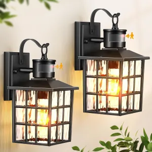 VIANIS Outdoor Wall Lights for House, 2 Pack Black Motion Sensor Porch Lanterns Wall Sconce, Modern Exterior Garage Light Fixtures Wall Mount, Waterproof Front Door Lights with Tempered Ripple Glass