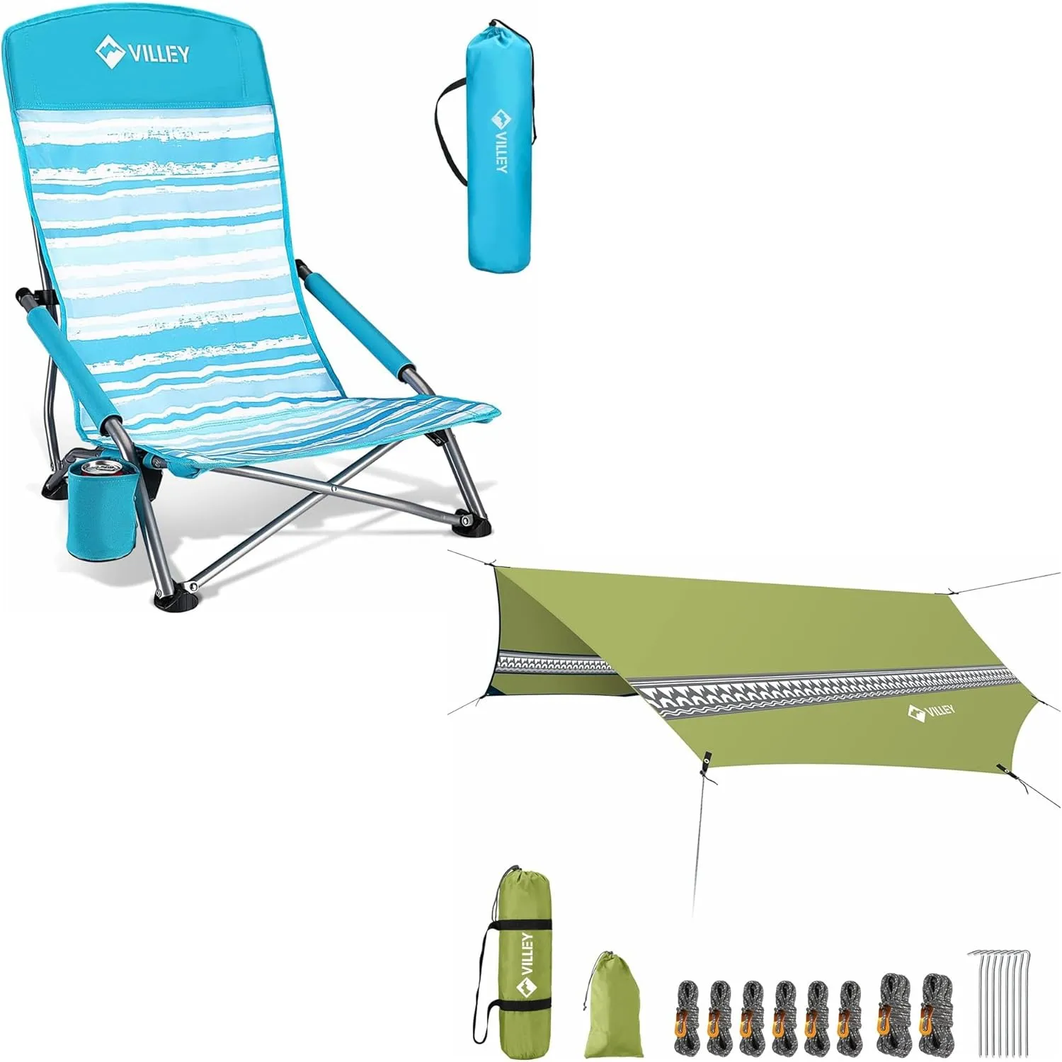 VILLEY Low Beach Chair, High Back Folding Beach Chair for Adults & Hammock Tent Rain Fly, Octagonal Waterproof Camping Tarp