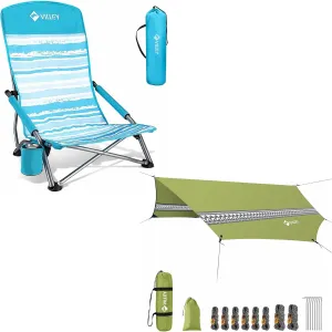 VILLEY Low Beach Chair, High Back Folding Beach Chair for Adults & Hammock Tent Rain Fly, Octagonal Waterproof Camping Tarp