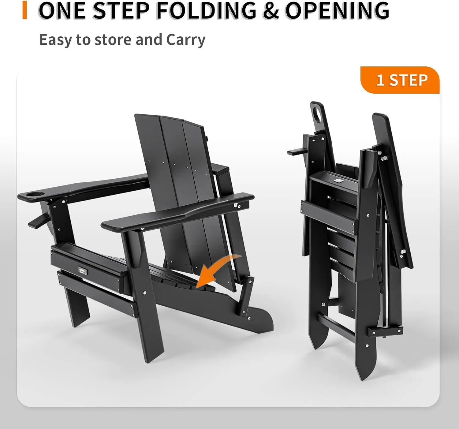 VINGLI Oversized Plastic Folding Adirondack Chairs Set of 2 with Cup Holder, Waterproof HDPE Outdoor Fire Pit Chairs for Patio, Pool, Bonfire, Capacity 400LBS, Black
