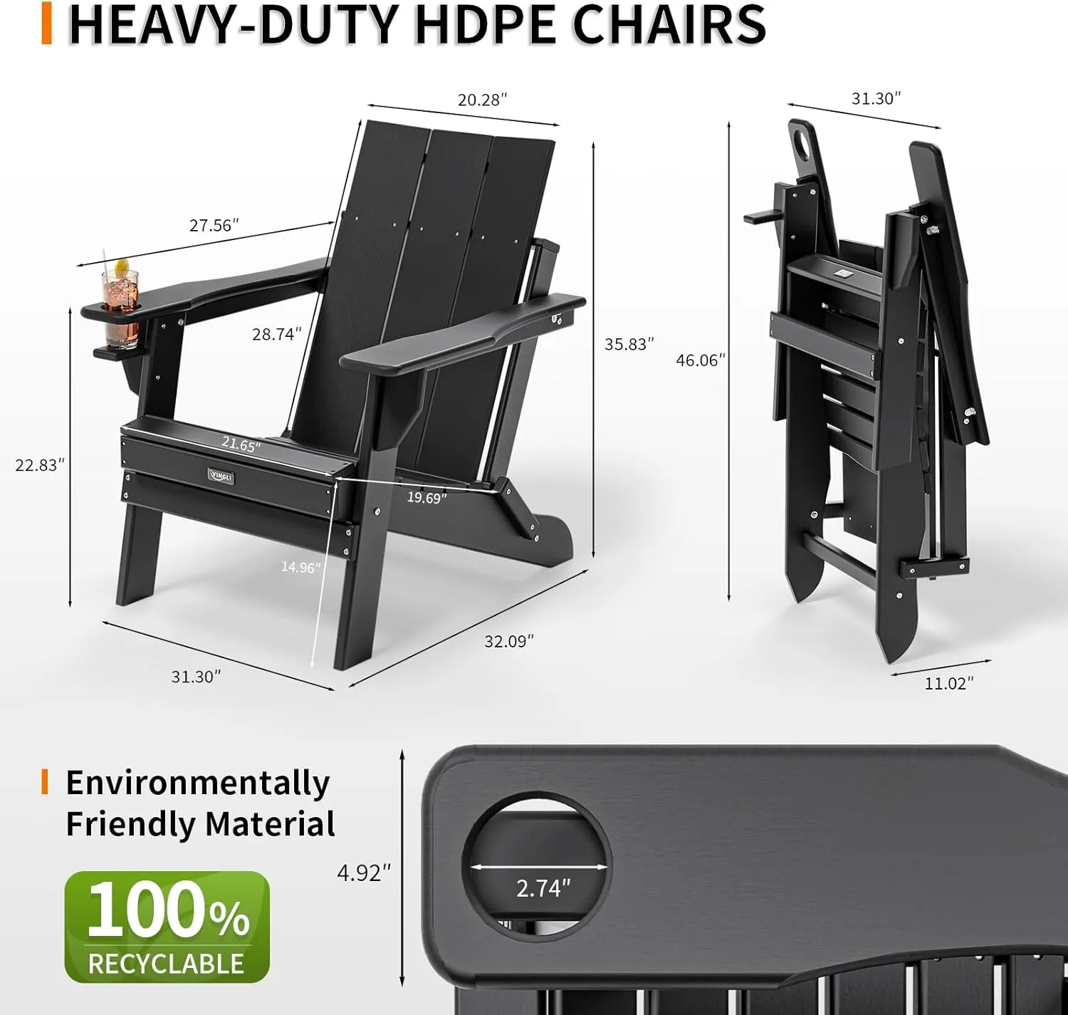 VINGLI Oversized Plastic Folding Adirondack Chairs Set of 2 with Cup Holder, Waterproof HDPE Outdoor Fire Pit Chairs for Patio, Pool, Bonfire, Capacity 400LBS, Black