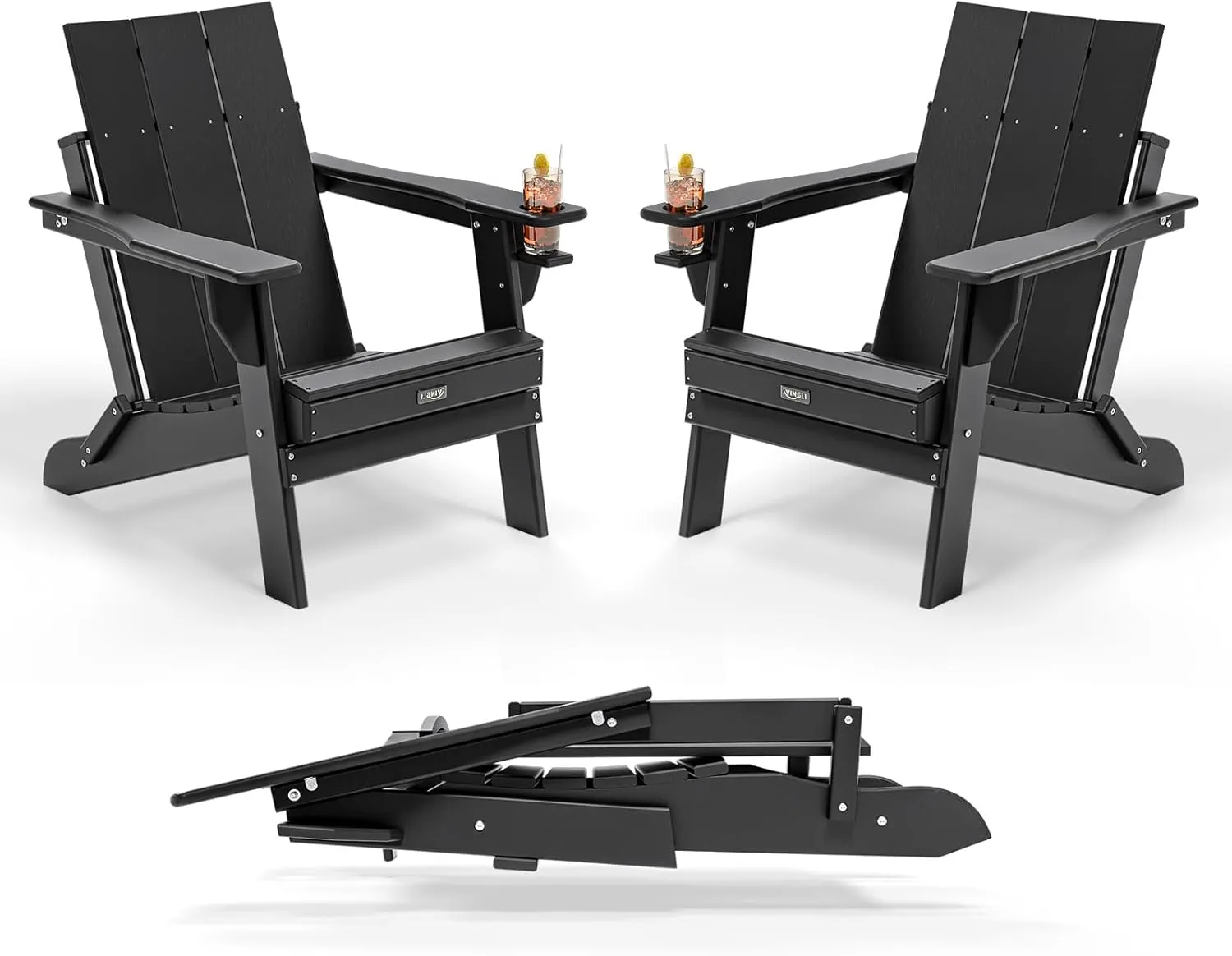 VINGLI Oversized Plastic Folding Adirondack Chairs Set of 2 with Cup Holder, Waterproof HDPE Outdoor Fire Pit Chairs for Patio, Pool, Bonfire, Capacity 400LBS, Black