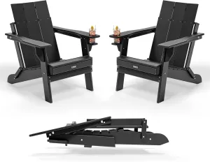 VINGLI Oversized Plastic Folding Adirondack Chairs Set of 2 with Cup Holder, Waterproof HDPE Outdoor Fire Pit Chairs for Patio, Pool, Bonfire, Capacity 400LBS, Black