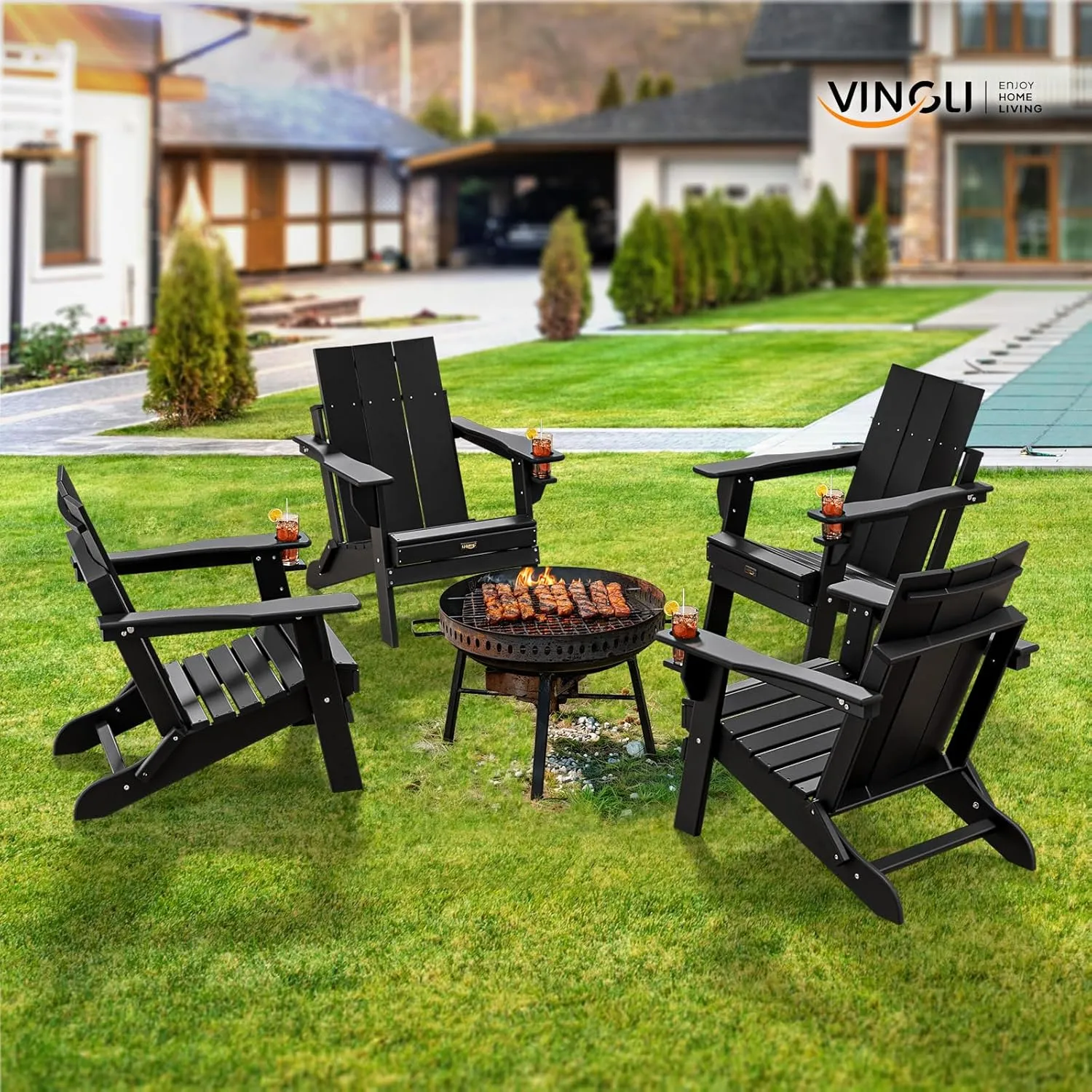 VINGLI Oversized Plastic Folding Adirondack Chairs Set of 2 with Cup Holder, Waterproof HDPE Outdoor Fire Pit Chairs for Patio, Pool, Bonfire, Capacity 400LBS, Black