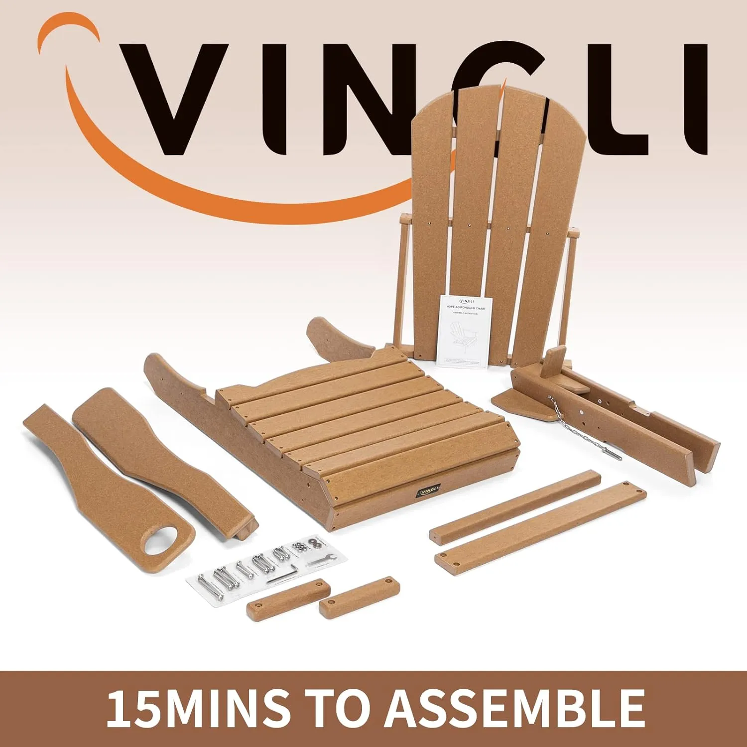 VINGLI Plastic Folding Adirondack Chair with Cup Holder, 100% Recyclable Waterproof HDPE Material, Comfortable 380lb Weight Capacity for Outdoor Pool Patio Lounge Chair Lawn Furniture Firepit (Teak)