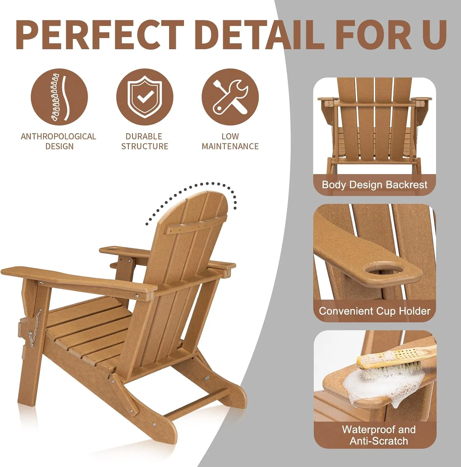 VINGLI Plastic Folding Adirondack Chair with Cup Holder, 100% Recyclable Waterproof HDPE Material, Comfortable 380lb Weight Capacity for Outdoor Pool Patio Lounge Chair Lawn Furniture Firepit (Teak)