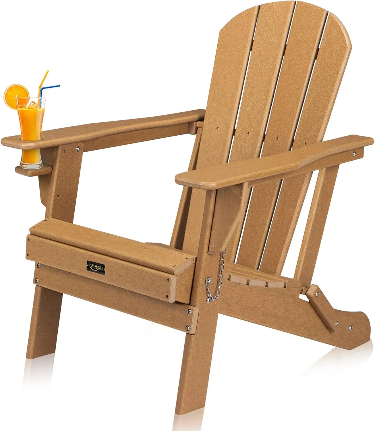 VINGLI Plastic Folding Adirondack Chair with Cup Holder, 100% Recyclable Waterproof HDPE Material, Comfortable 380lb Weight Capacity for Outdoor Pool Patio Lounge Chair Lawn Furniture Firepit (Teak)