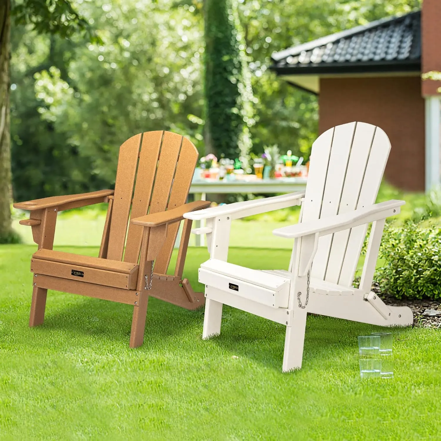 VINGLI Plastic Folding Adirondack Chair with Cup Holder, 100% Recyclable Waterproof HDPE Material, Comfortable 380lb Weight Capacity for Outdoor Pool Patio Lounge Chair Lawn Furniture Firepit (Teak)