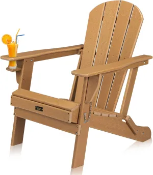 VINGLI Plastic Folding Adirondack Chair with Cup Holder, 100% Recyclable Waterproof HDPE Material, Comfortable 380lb Weight Capacity for Outdoor Pool Patio Lounge Chair Lawn Furniture Firepit (Teak)