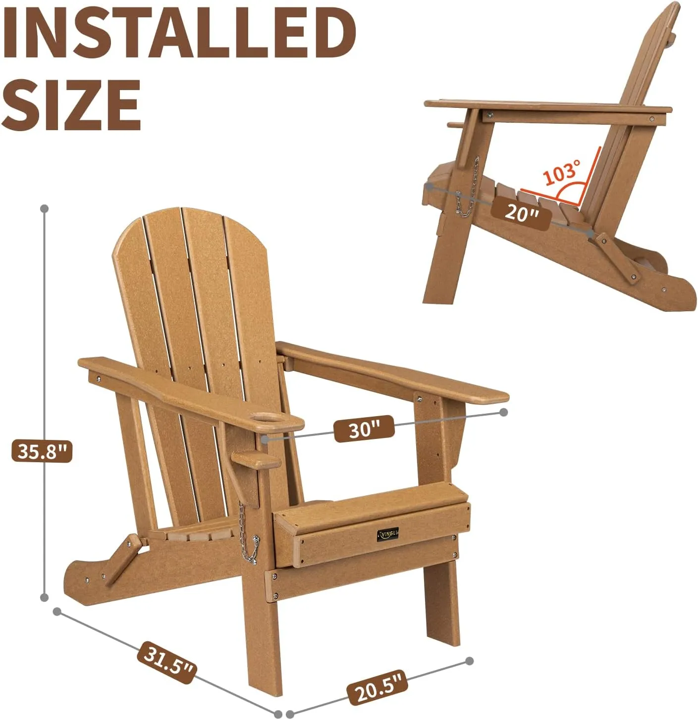 VINGLI Plastic Folding Adirondack Chair with Cup Holder, 100% Recyclable Waterproof HDPE Material, Comfortable 380lb Weight Capacity for Outdoor Pool Patio Lounge Chair Lawn Furniture Firepit (Teak)