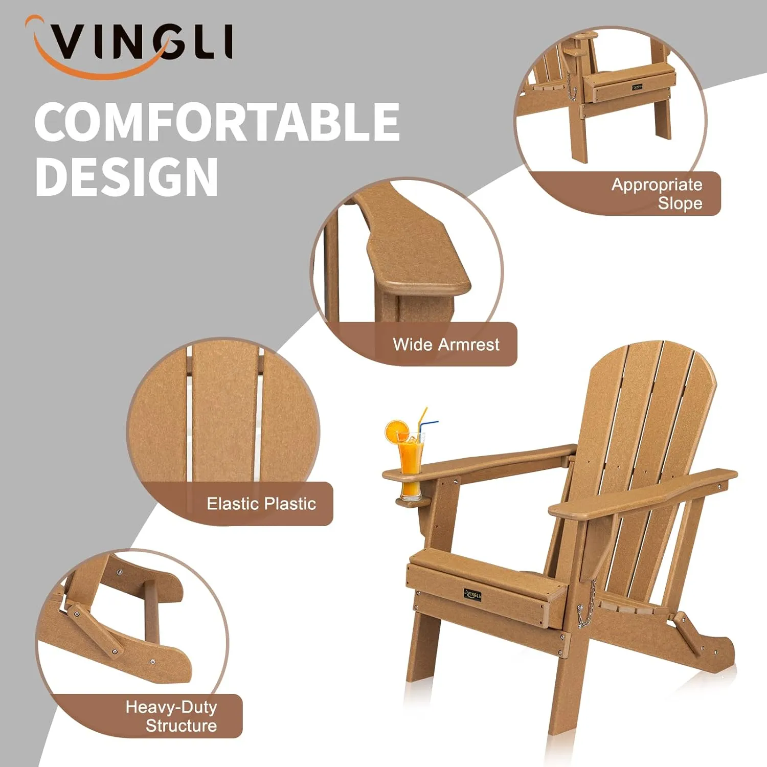 VINGLI Plastic Folding Adirondack Chair with Cup Holder, 100% Recyclable Waterproof HDPE Material, Comfortable 380lb Weight Capacity for Outdoor Pool Patio Lounge Chair Lawn Furniture Firepit (Teak)