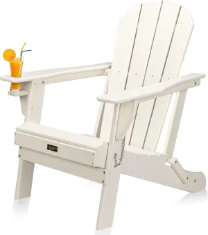 VINGLI Plastic Folding Adirondack Chair with Cup Holder, 100% Recyclable Waterproof HDPE Material, Comfortable 380lb Weight Capacity for Outdoor Pool Patio Lounge Chair Lawn Furniture Firepit (White)