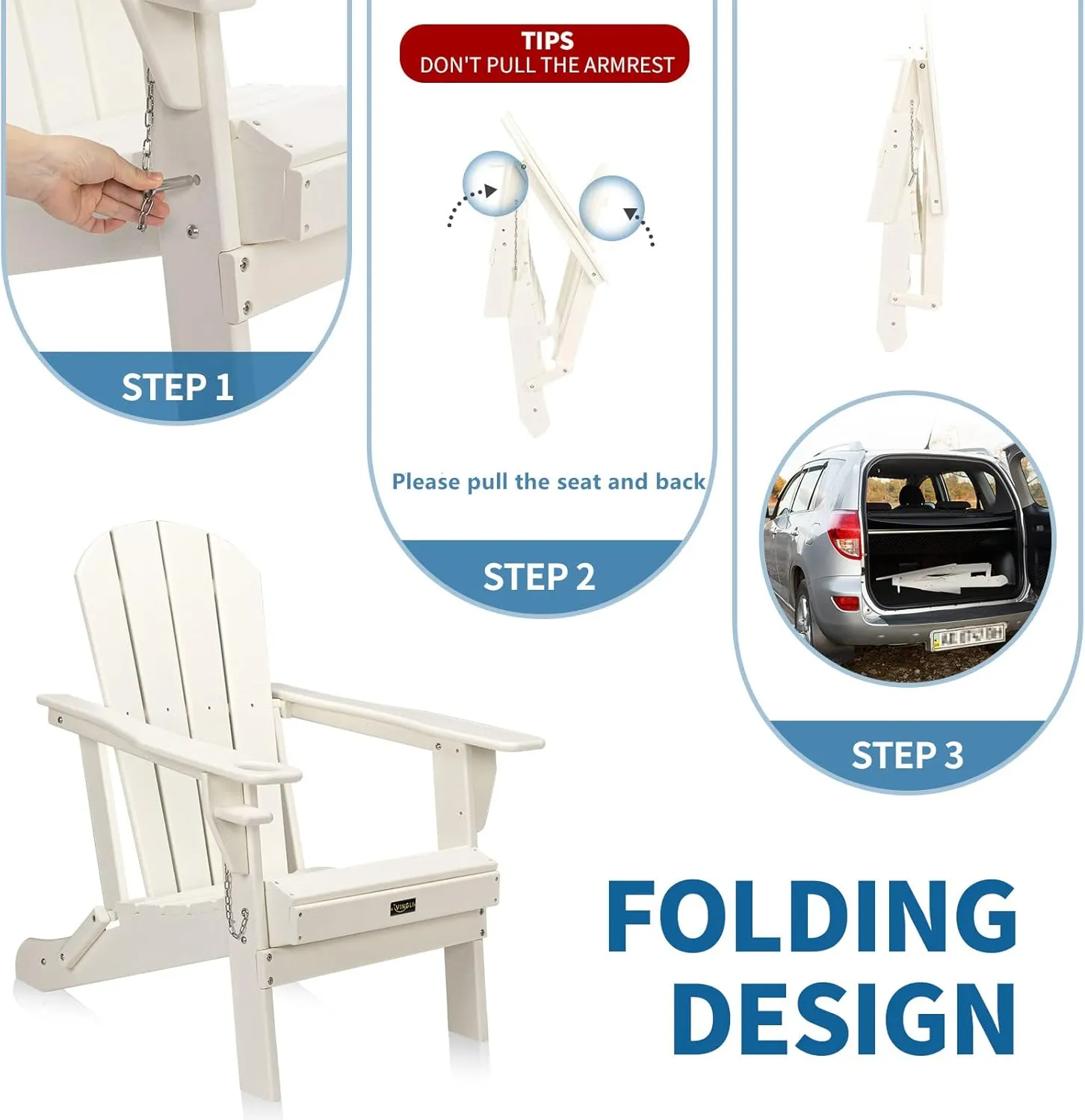 VINGLI Plastic Folding Adirondack Chair with Cup Holder, 100% Recyclable Waterproof HDPE Material, Comfortable 380lb Weight Capacity for Outdoor Pool Patio Lounge Chair Lawn Furniture Firepit (White)