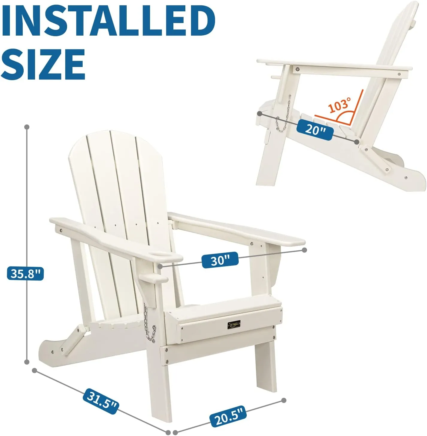 VINGLI Plastic Folding Adirondack Chair with Cup Holder, 100% Recyclable Waterproof HDPE Material, Comfortable 380lb Weight Capacity for Outdoor Pool Patio Lounge Chair Lawn Furniture Firepit (White)