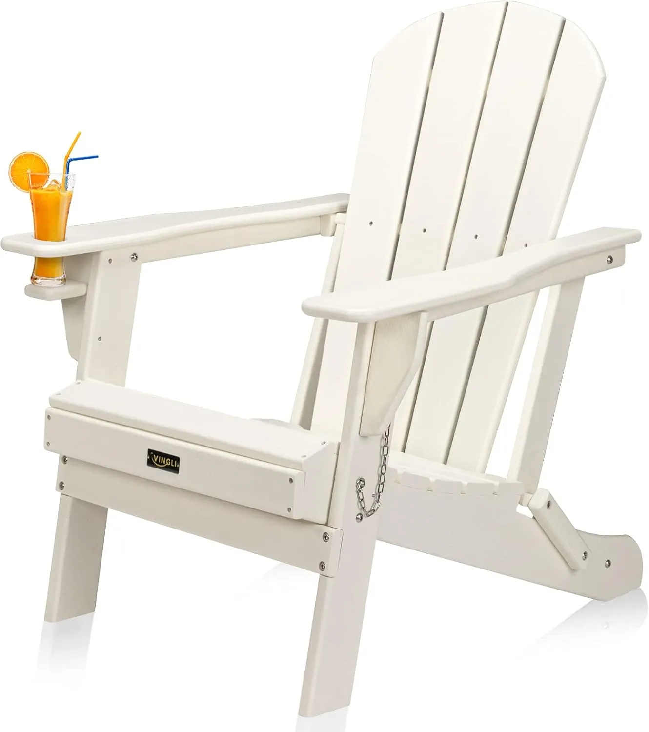 VINGLI Plastic Folding Adirondack Chair with Cup Holder, 100% Recyclable Waterproof HDPE Material, Comfortable 380lb Weight Capacity for Outdoor Pool Patio Lounge Chair Lawn Furniture Firepit (White)