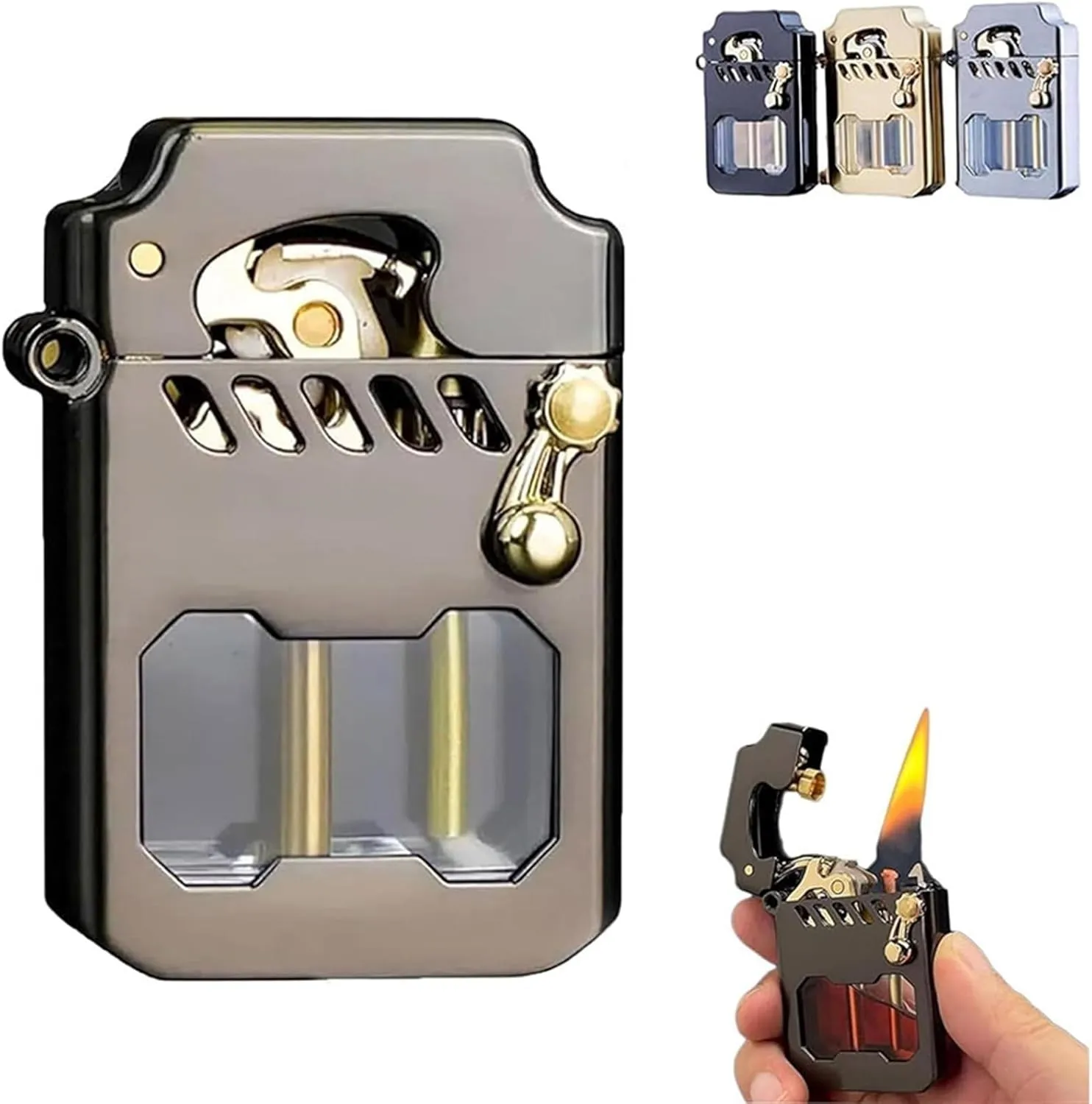 Vintage Kerosene Lighter, Transparent Oil can, Mechanical Metal Rocker Trench Windproof Lighter, Oil Lighter Vintage,(C)