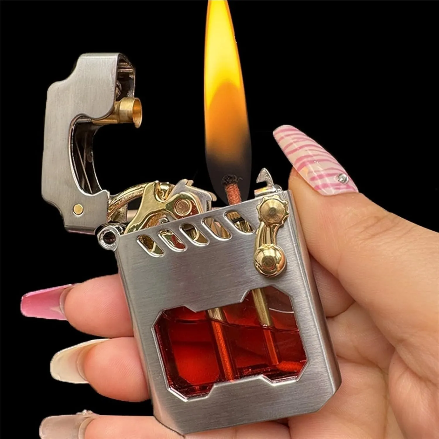Vintage Kerosene Lighter, Transparent Oil can, Mechanical Metal Rocker Trench Windproof Lighter, Oil Lighter Vintage,(C)