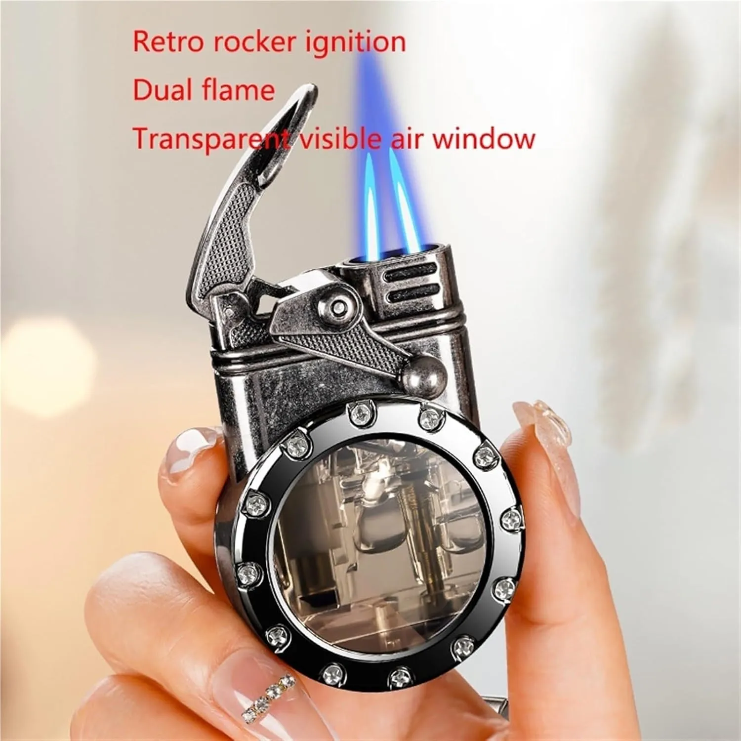 Visible Transparent Gas Tank Dual Direct Spray Windproof Lighter, Retro Grinding Wheel Ignition, Convenient Fuel Refill and Adjustable Flame, a high-end Gift for Men (Butane not Included)(Black)