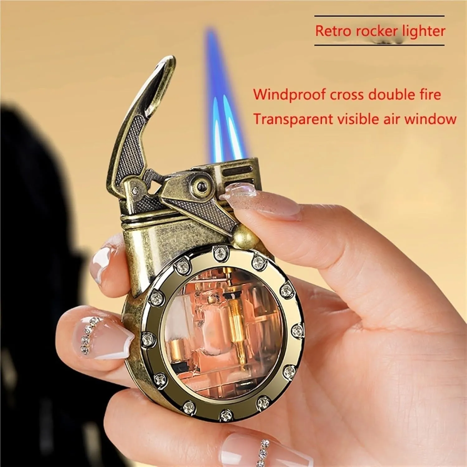 Visible Transparent Gas Tank Dual Direct Spray Windproof Lighter, Retro Grinding Wheel Ignition, Convenient Fuel Refill and Adjustable Flame, a high-end Gift for Men (Butane not Included)(Black)