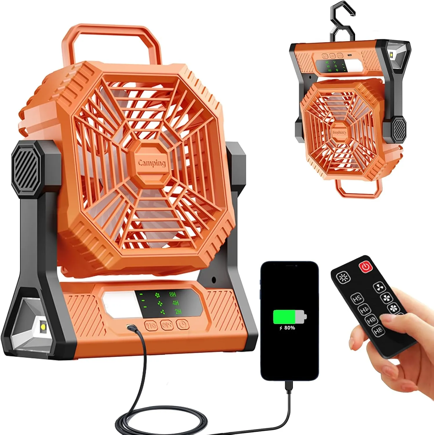 VVU&CCO Table Fan Portable Fan for Camping with LED Lantern,10000mAh Rechargeable Battery,30H Runtime,USB-C Fast Charging,3 Speeds Strong Airflow,Cordless for Travel Barbecue Home Office Tent Desk