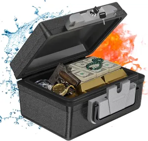 WASJOYE Fireproof Waterproof Safe Box - 0.5 Cubic Feet Fireproof Safe with Key Lock, Portable Safe Box for Home Car Business Office Outdoor Documents Money Passport Cash Jewellery Valuables Storage