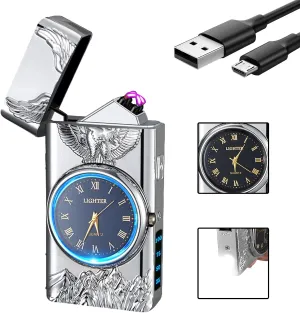 Watch Lighetr,Electric Lighter,Dual Arc Plasma Lighter,USB Lighter Rechargeable with Battery Display,Cool Lighter with Clock & Flashlight,Unique Gift for Men and Women (Eagle Silver)
