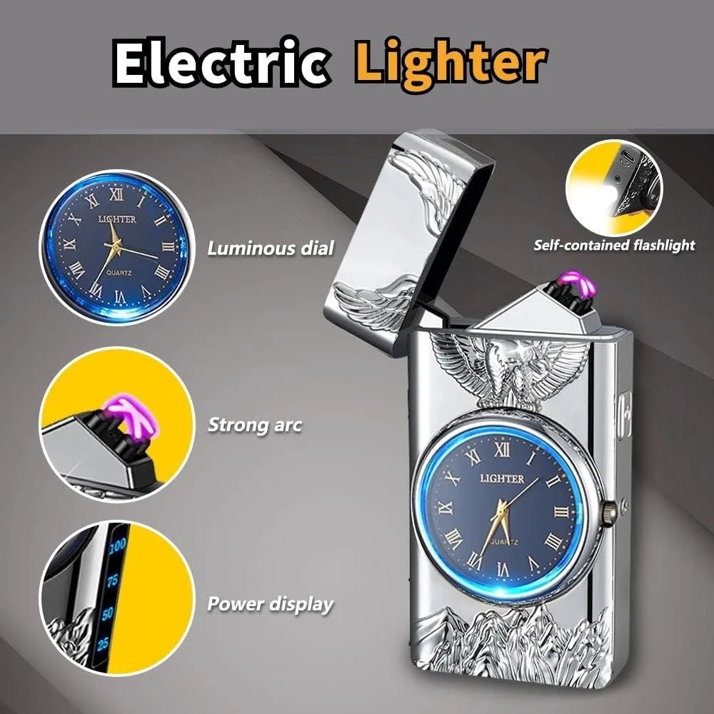 Watch Lighetr,Electric Lighter,Dual Arc Plasma Lighter,USB Lighter Rechargeable with Battery Display,Cool Lighter with Clock & Flashlight,Unique Gift for Men and Women (Eagle Silver)
