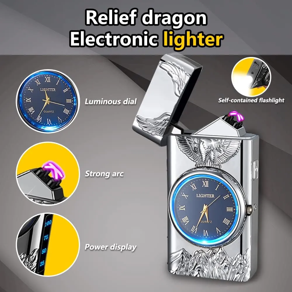 Watch Lighetr,Electric Lighter,Dual Arc Plasma Lighter,USB Lighter Rechargeable with Battery Display,Cool Lighter with Clock & Flashlight,Unique Gift for Men and Women (Eagle Silver)