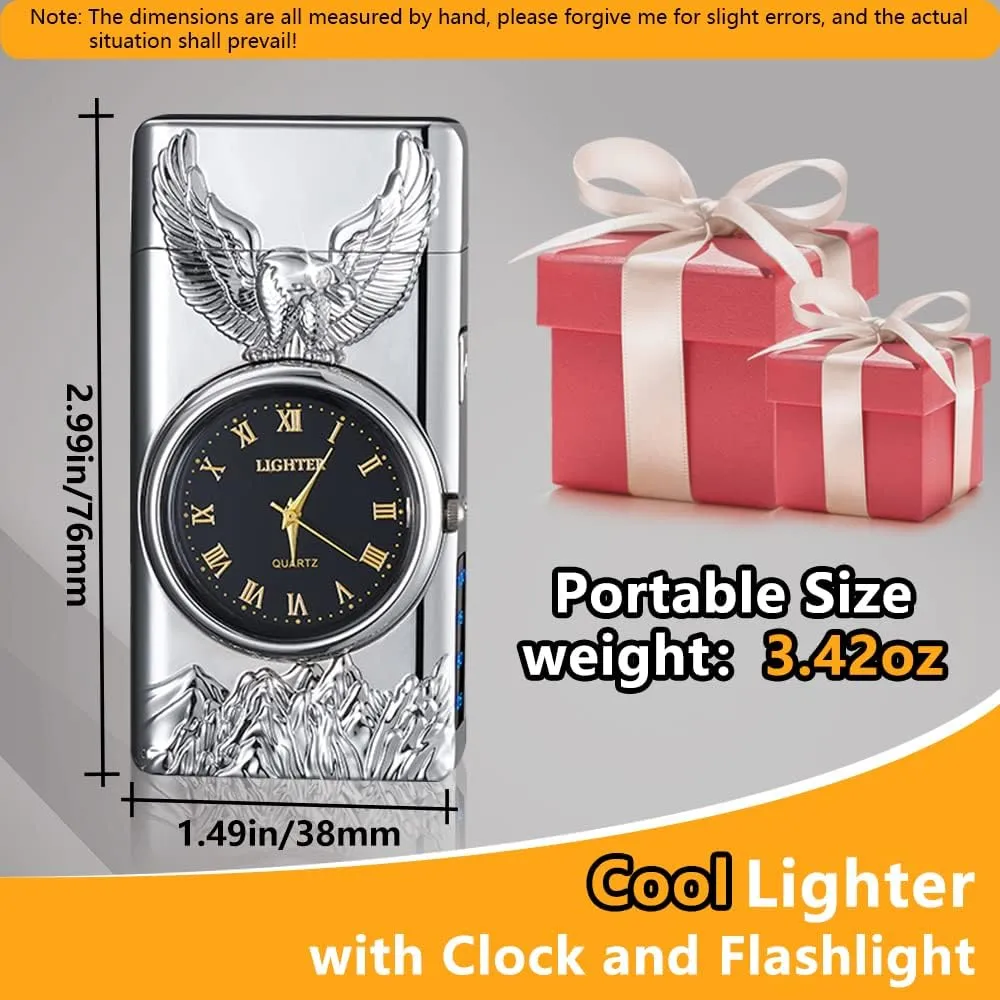 Watch Lighetr,Electric Lighter,Dual Arc Plasma Lighter,USB Lighter Rechargeable with Battery Display,Cool Lighter with Clock & Flashlight,Unique Gift for Men and Women (Eagle Silver)