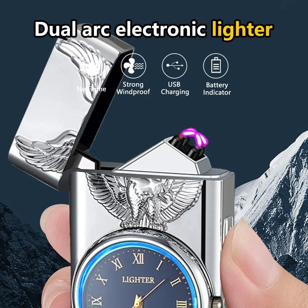 Watch Lighetr,Electric Lighter,Dual Arc Plasma Lighter,USB Lighter Rechargeable with Battery Display,Cool Lighter with Clock & Flashlight,Unique Gift for Men and Women (Eagle Silver)