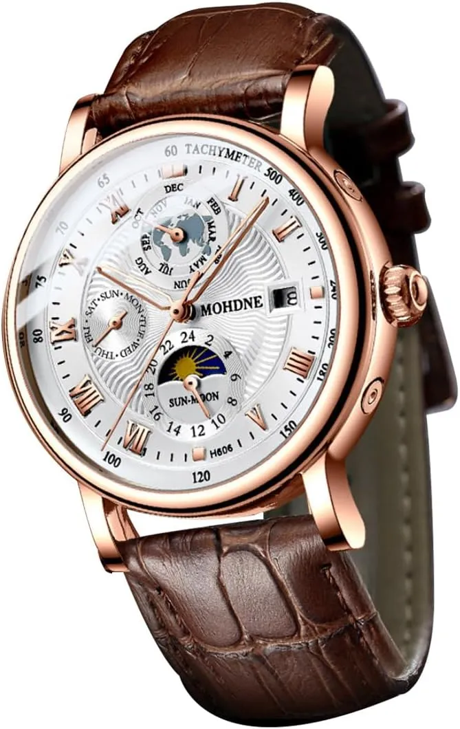 Watch Men's Mechanical Watch Fully Automatic Tourbillon Week Calendar Window Waterproof Watch Trendy Men's Multi Functional Moon Phase Display Star Earth Watch