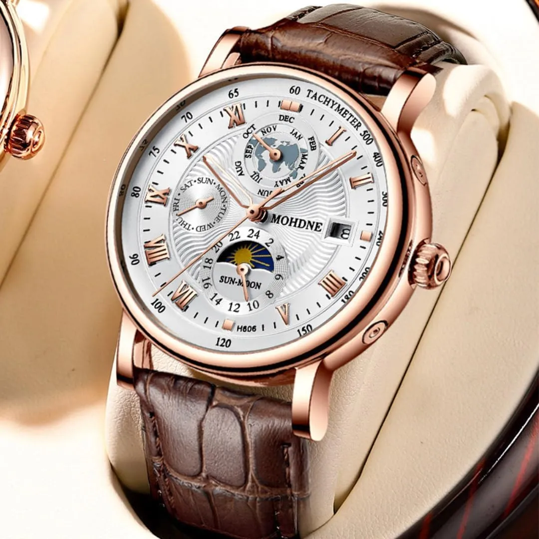 Watch Men's Mechanical Watch Fully Automatic Tourbillon Week Calendar Window Waterproof Watch Trendy Men's Multi Functional Moon Phase Display Star Earth Watch