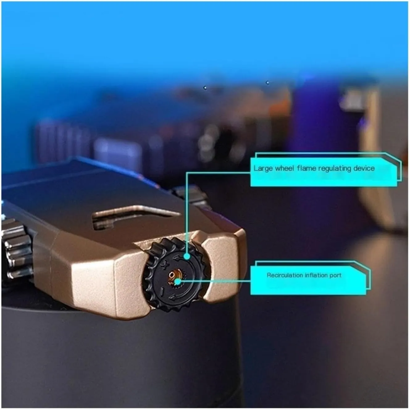 Waterproof Metal Butane Windproof Dual Flush Torch Lighter, Adjustable Dual Flame Inflatable Clear Visible Beam Lighter, Candle Lighter Outdoor Camping Gift for Men (Butane Not Included)(Cyan)